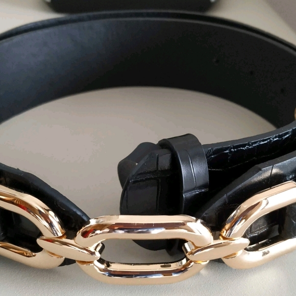 Womens Black Vegan leather elegant corset chunky Gold link boho wide waist belt - Picture 14 of 14